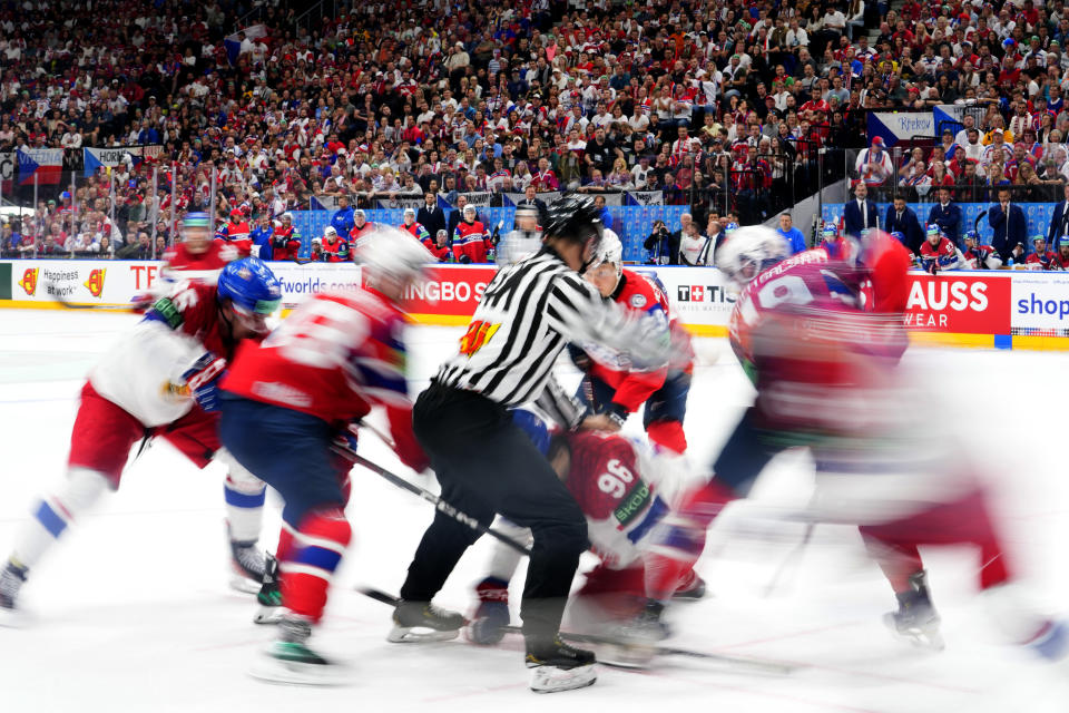 Players face off during the preliminary round match between Czech Republic and Norway at the Ice Hockey World Championships in Prague, Czech Republic, Saturday, May 11, 2024. (AP Photo/Petr David Josek)