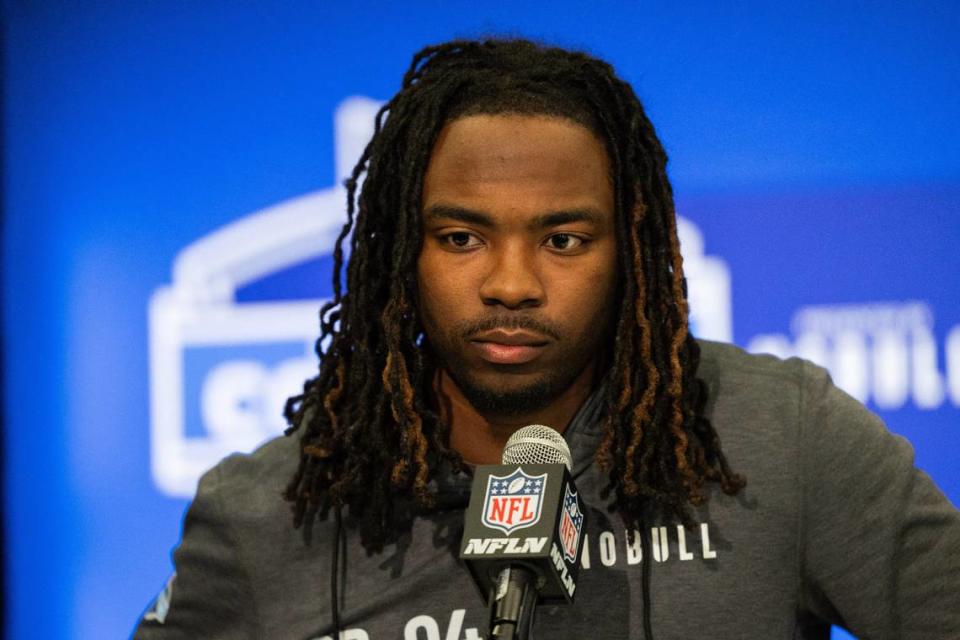 Feb 29, 2024; Indianapolis, IN, USA; Wake Forest defensive back Caelen Carson (DB04) talks to the media during the 2024 NFL Combine at Lucas Oil Stadium. Mandatory Credit: Trevor Ruszkowski-USA TODAY Sports