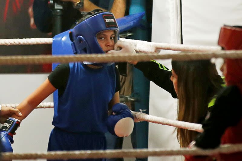 Palestinian girls compete in a rare boxing contest