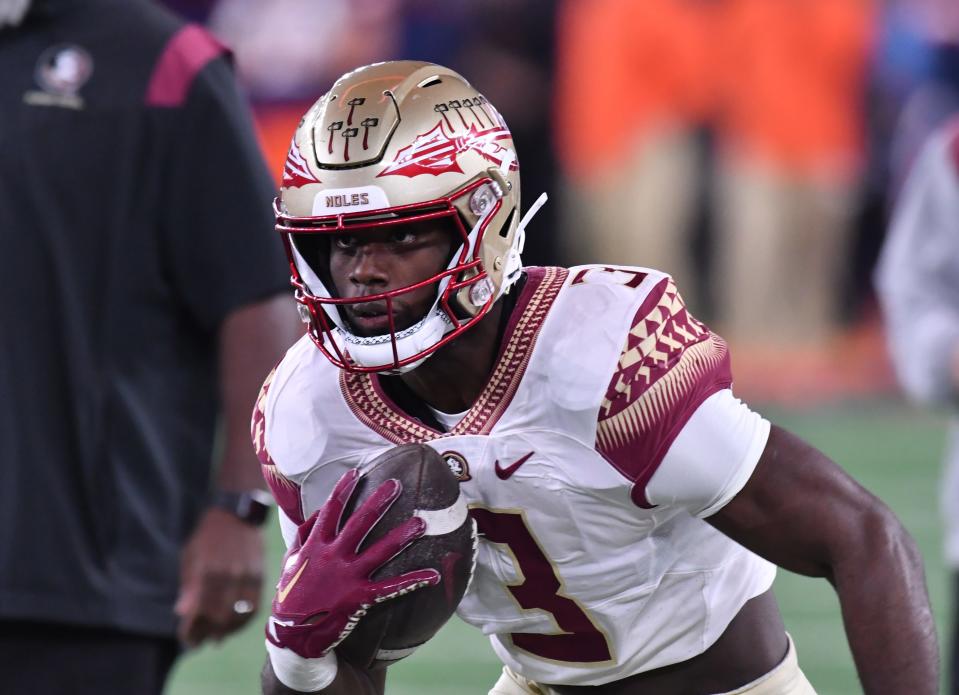 Nov 12, 2022; Syracuse, New York, USA; Florida State Seminoles running back Trey Benson (3) warms up before a game against the Syracuse Orange at JMA Wireless Dome. Mandatory Credit: Mark Konezny-USA TODAY Sports