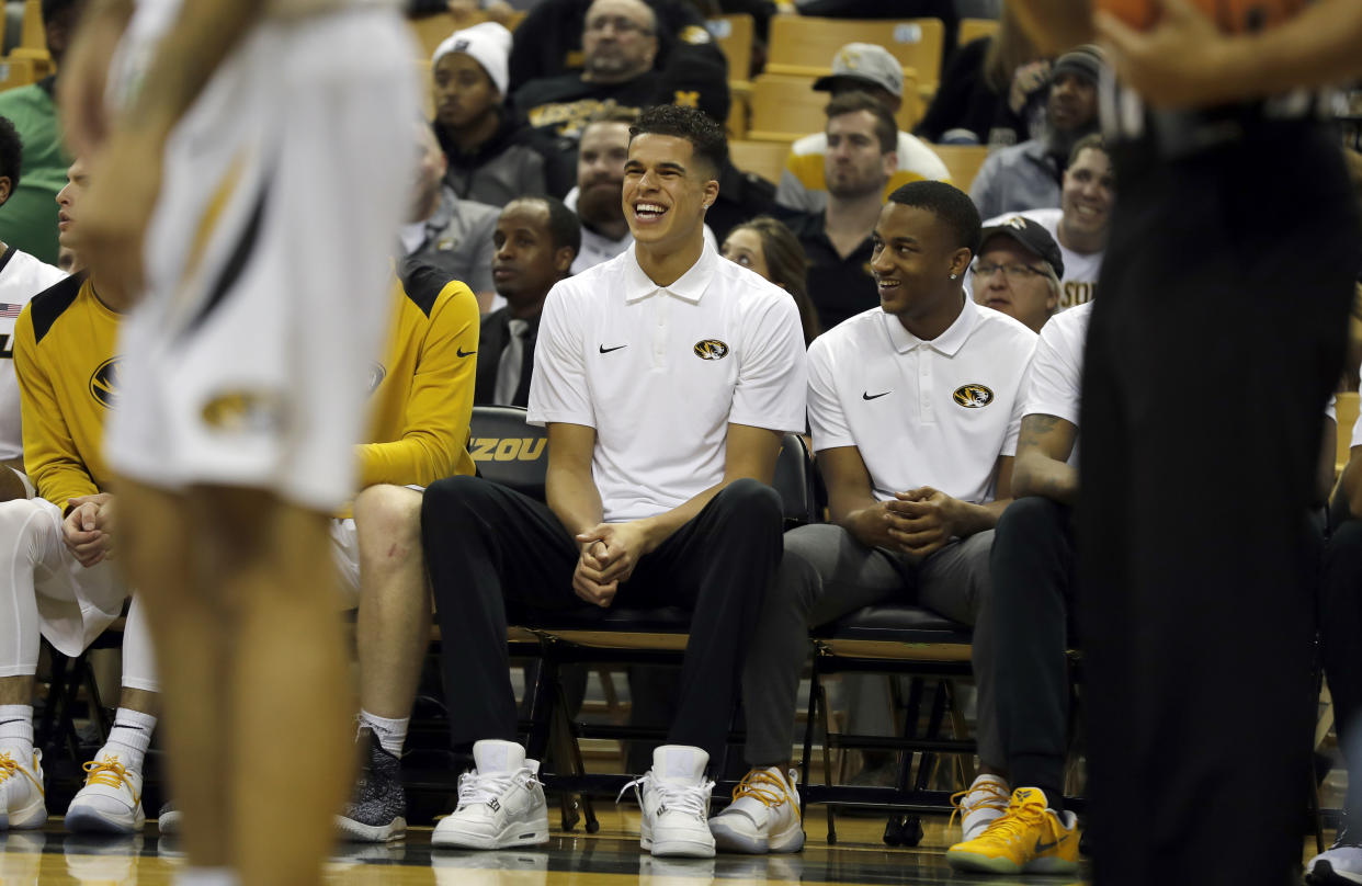Missouri’s Michael Porter Jr. laughs on the bench during the second half of an NCAA college basketball game against Miami (Ohio) Tuesday, Dec. 5, 2017, in Columbia, Mo. Missouri won 70-51. (AP Photo/Jeff Roberson)