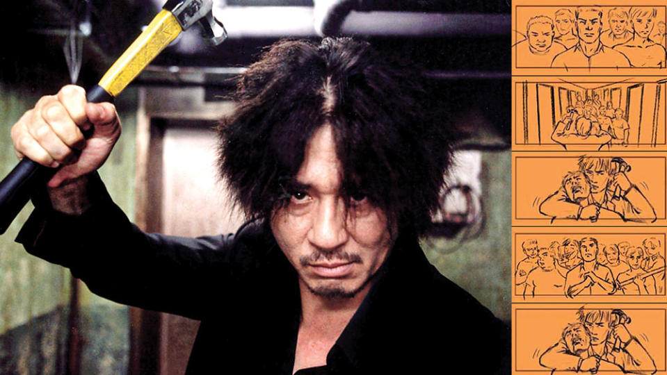 1. Choi with the infamous claw hammer during Oldboy’s hallway fight scene. 2. Storyboards for the elaborate sequence, which was shot as one continuous take lasting nearly three minutes.