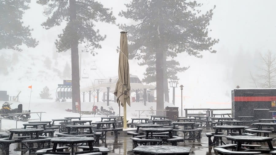 Rescues crews work at the scene of an avalanche at the Palisades Tahoe ski resort on Wednesday, Jan. 10, 2024, near Lake Tahoe, Calif. The avalanche roared through a section of expert trails at the ski resort as a major storm with snow and gusty winds moved into the region, authorities said. (Mark Sponsler via AP)