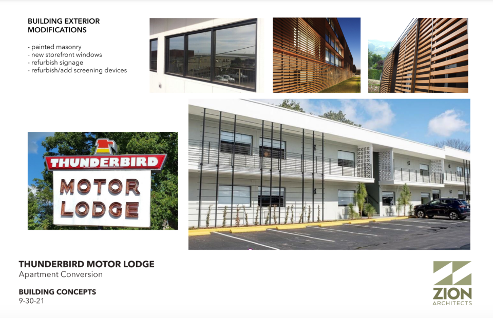 The tentative design plan presented by Billy Zion for the Thunderbird Motor Lodge renovation in downtown Anderson.