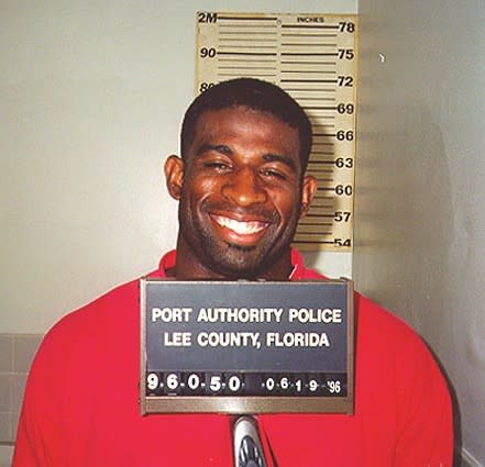 <p>“Neon” Deion was arrested in the summer of 1996 after he was caught fishing in a lake that was owned by the Southwest Florida International Airport. He had reportedly been warned not to fish in that lake prior to his arrest. (Photo credit: Law Enforcement) </p>