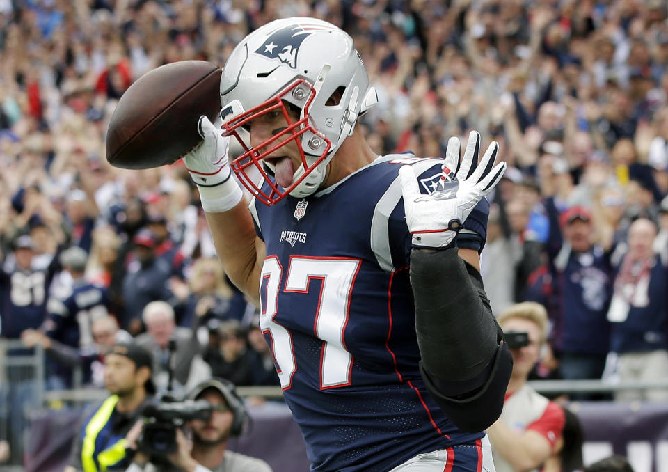 New England Patriots tight end Rob Gronkowski celebrates his touchdown against Houston last week. His next opponent might be tougher as New England goes on the road against Jacksonville. (AP)