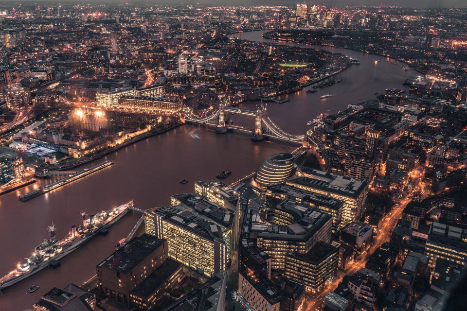 Experience three thrilling days in London with a line up of exciting excursions. 
pictured: An overhead view of London's inner city at night, with twinkling lights aglow 