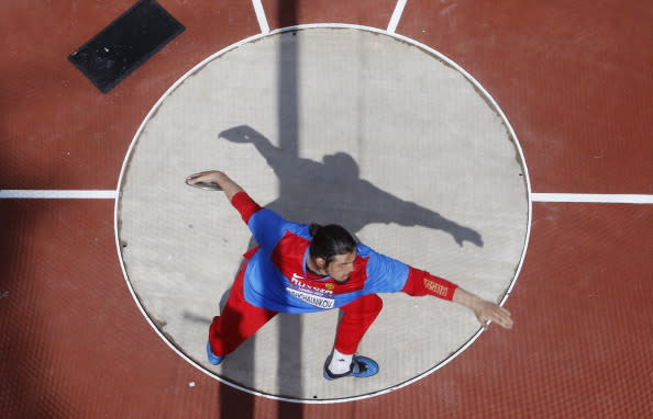 LONDON, ENGLAND - AUGUST 06: Bogdan Pishchalnikov of Russia competes in the Men's Discus Throw qualification on Day 10 of the London 2012 Olympic Games at the Olympic Stadium on August 6, 2012 in London, England. (Photo by Pawel Kopczynski - IOPP Pool /Getty Images)