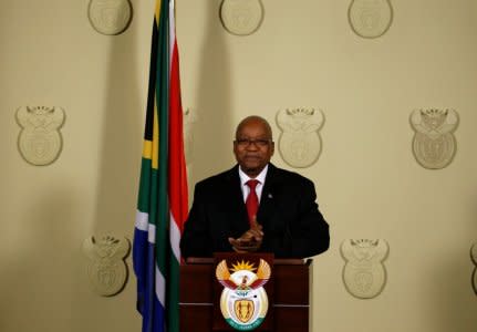 FILE PHOTO - South Africa's President Jacob Zuma announces his resignation at the Union Buildings in Pretoria, South Africa, February 14, 2018. REUTERS/Siphiwe Sibeko