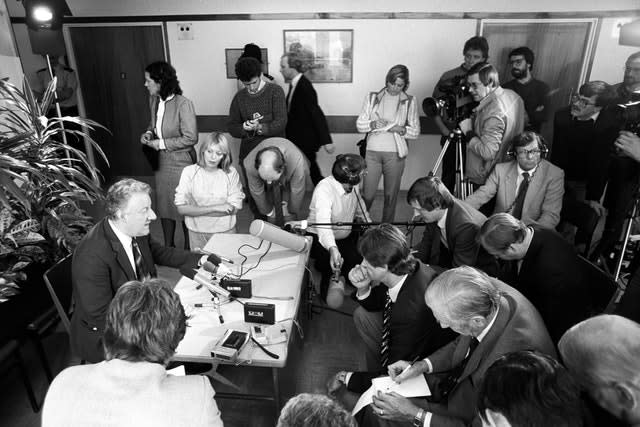 Moncrieff at a press conference in the Royal Sussex Hospital following his interview with Trade and Industry Secretary Norman Tebbit, who was injured in the explosion at the Grand Hotel, Brighton