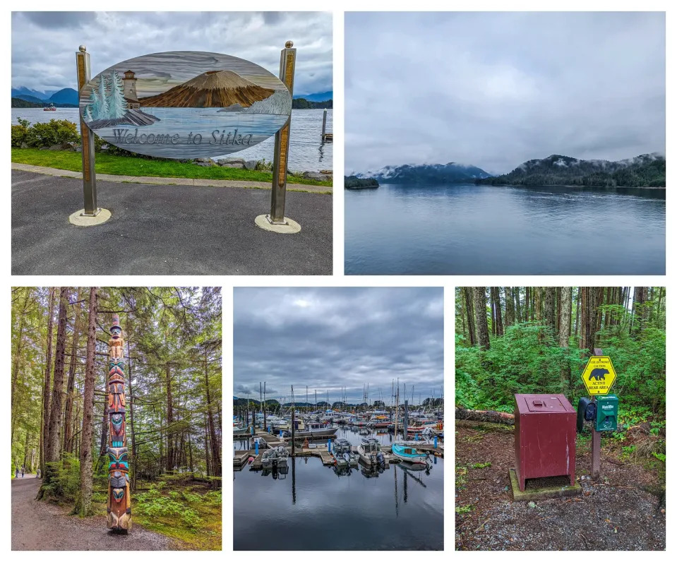 Collage showing various scenes from Sitka including a welcome to Sitka sign, a totem pole, and boats in the harbor. 