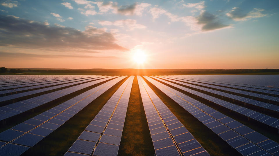 A large power-plant surrounded by a vast field of photovoltaic electricity panels.