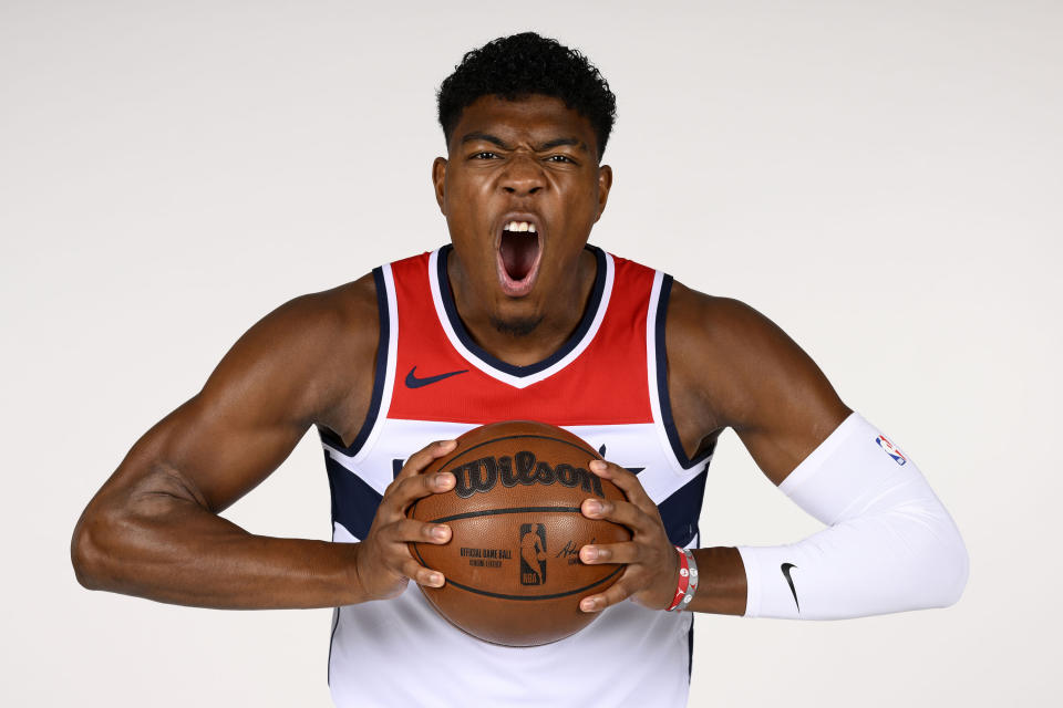 Washington Wizards forward Rui Hachimura, of Japan, poses for a photograph during an NBA basketball media day, Friday, Sept. 23, 2022, in Washington. (AP Photo/Nick Wass)