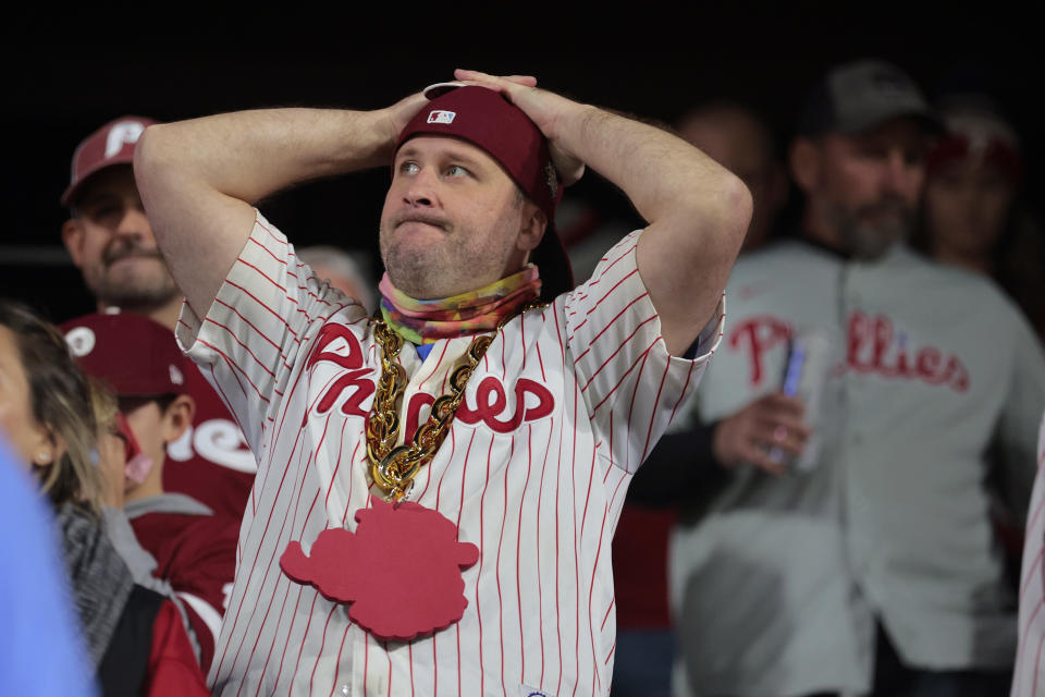 Philadelphia Phillies fan Andrew Roller reacts during Game 7 of baseball's National League Championship Series between the Phillies and Arizona Diamondbacks Tuesday, Oct. 24, 2023, at Citizens Bank Park in Philadelphia. The Phillies lost 4-2. (Charles Fox/The Philadelphia Inquirer via AP)