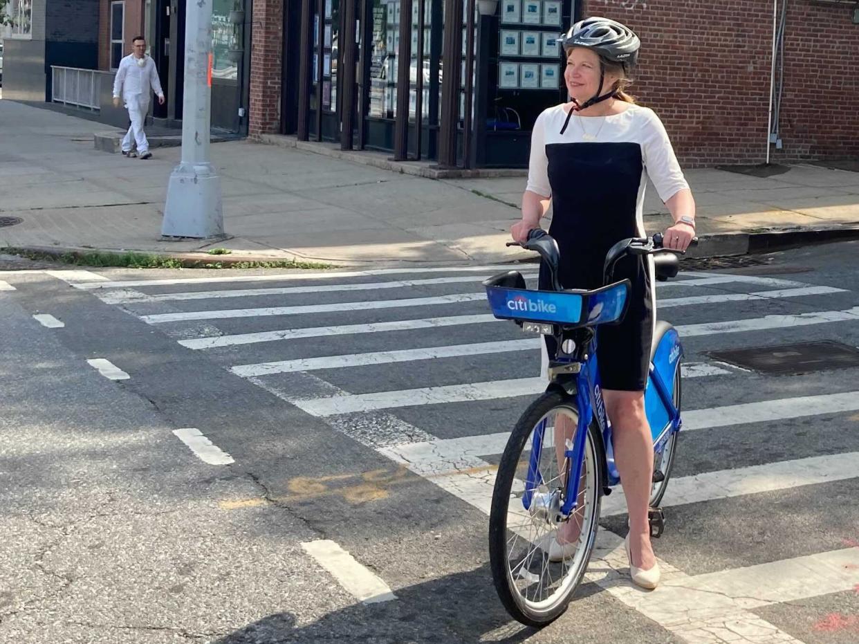 Kathryn Garcia rides a Citi Bike in Brooklyn.