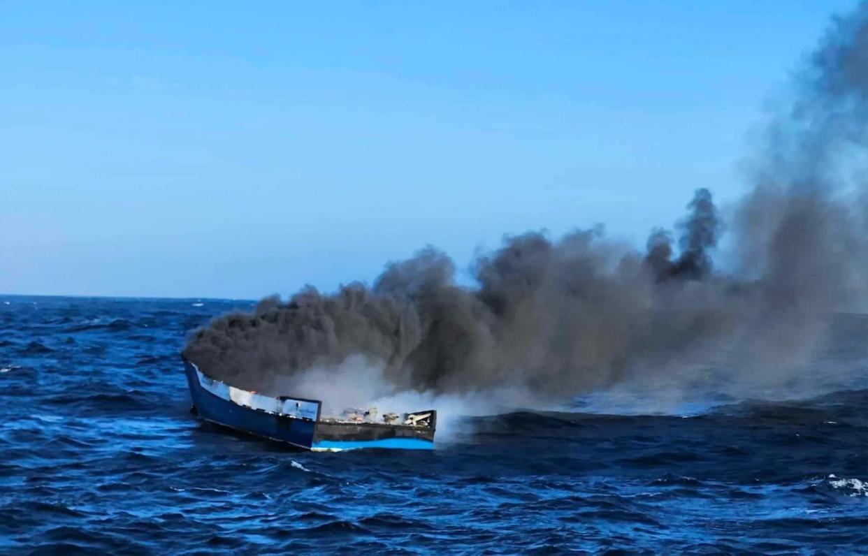 Three fishermen had to abandon their boat after the engine caught fire on Sunday, Jan. 14, 2024, off the coast of Nova Scotia. (@hfxjrcc/X - image credit)