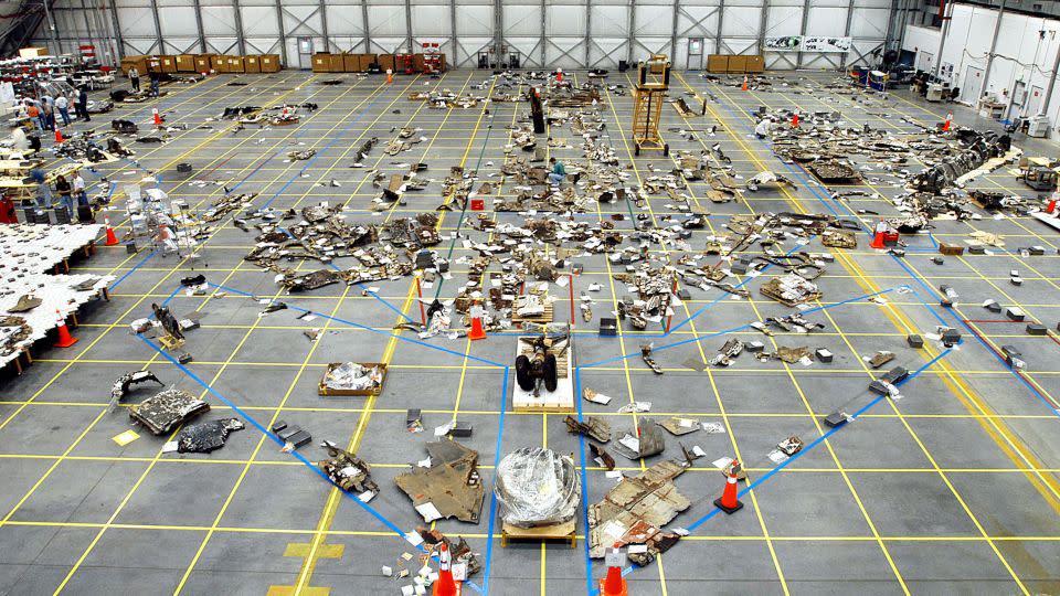 Debris from the space shuttle Columbia lies on the floor of the RLV Hangar at the Kennedy Space Center in Florida in May 2003.  -Getty Images