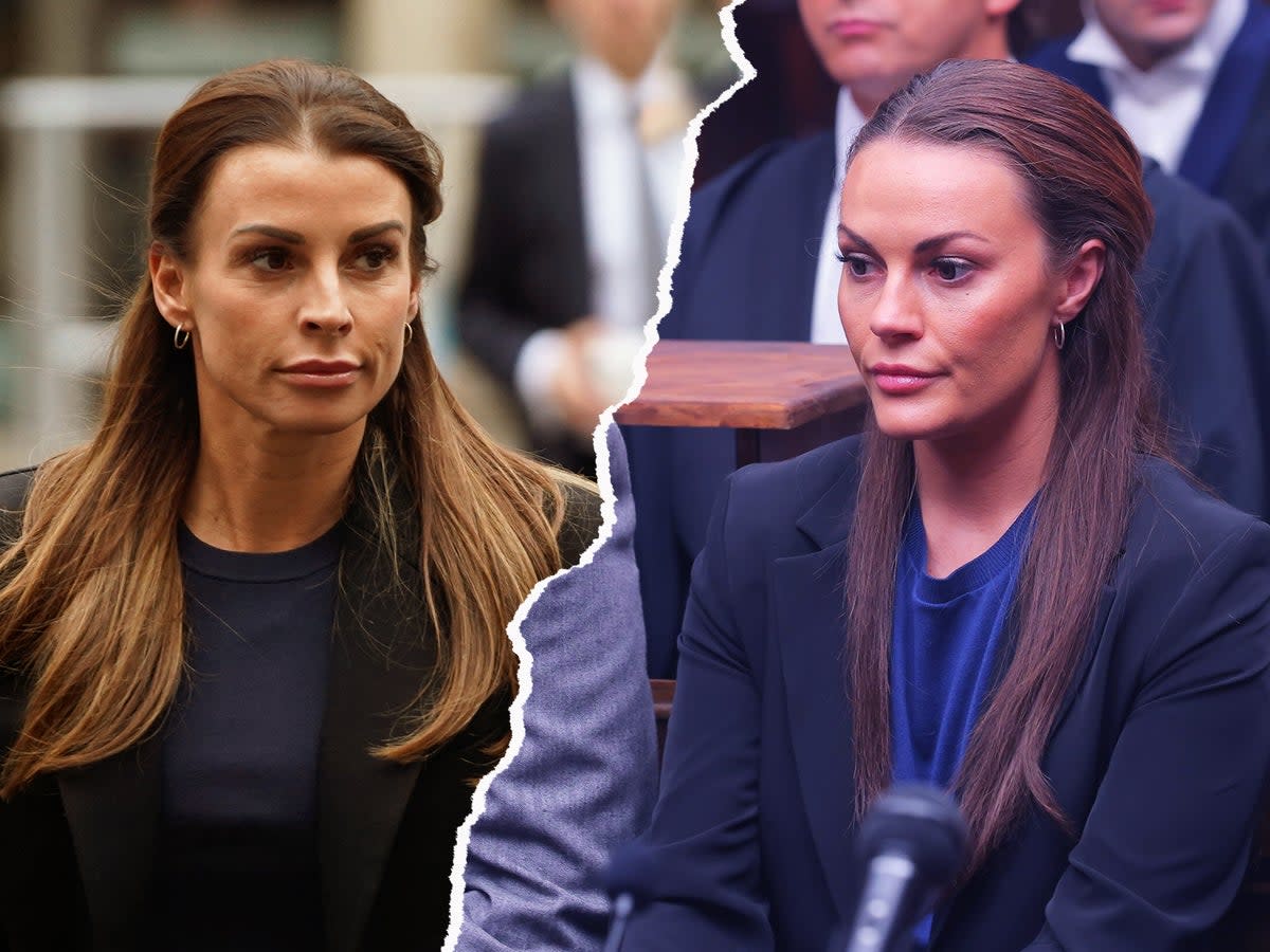 Coleen Rooney at court in May, and Chanel Cresswell portraying her in Channel 4’s ‘Vardy v Rooney’  (AFP/Getty/Channel 4)