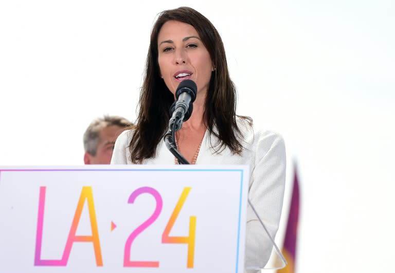 Former US Olympic Swimmer Janet Evans addresses the audience in Santa Monica, California on September 1, 2015, after the Los Angeles City Council voted unanimously to go forward with a bid to host the 2024 Summer Olympic Games