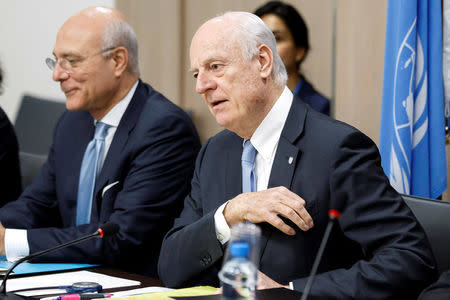 UN Special Envoy of the Secretary-General for Syria Staffan de Mistura (R) attends prior a round of negotiation with Bashar al-Jaafari (not pictured), Syrian chief negotiator and Ambassador of the Permanent Representative Mission of the Syria to UN New York, during the Intra Syria talks, at the European headquarters of the United Nations in Geneva, Switzerland, March 3, 2017. REUTERS/Salvatore Di Nolfi/Pool