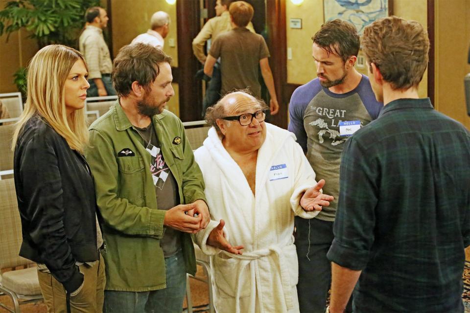 IT'S ALWAYS SUNNY IN PHILADELPHIA -- “Time’s Up For The Gang” – Season 13, Episode 4 (Airs September 26, 10:00 pm e/p) Pictured: (l-r) Kaitlin Olson as Dee, Charlie Day as Charlie, Danny DeVito as Frank, Rob McElhenney as Mac, Glenn Howerton as Dennis. CR: Patrick McElhenney/FXX