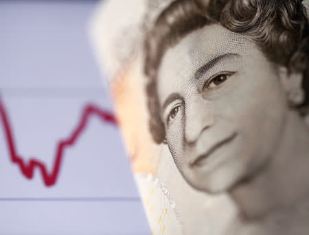 A British pound note is seen in front of a stock graph in this picture illustration