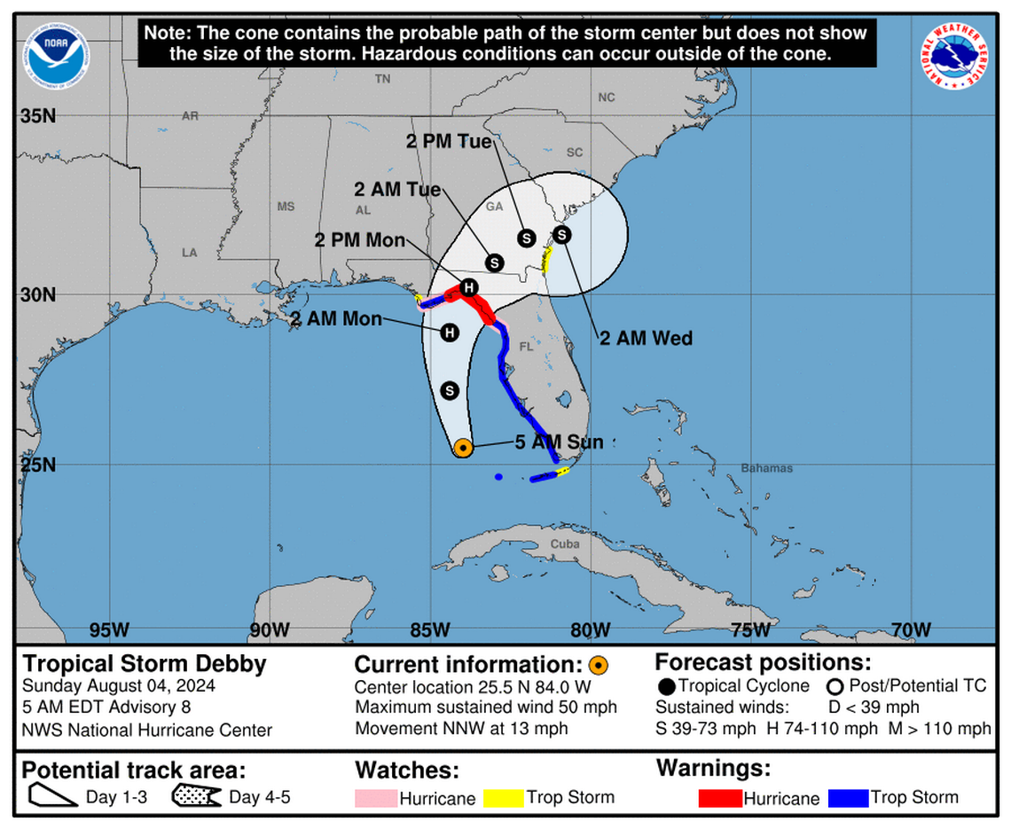 Monitoring Tropical Storm Debby NHC’s Sunday, Aug 04 latest advisory