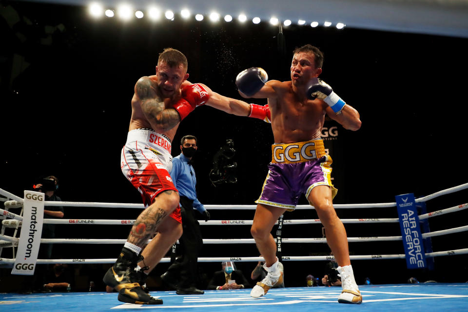 HOLLYWOOD, FLORIDA - DECEMBER 18: Gennadiy Golovkin lands a blow to Kamil Szeremeta in their IBF Middleweight title bout at Seminole Hard Rock Hotel & Casino on December 18, 2020 in Hollywood, Florida. (Photo by Cliff Hawkins/Getty Images)