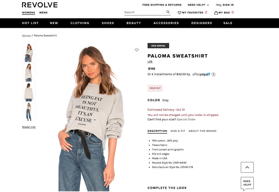 Revolve is being dragged through the mud for releasing a fat-shaming sweatshirt. (Photo: Revolve)