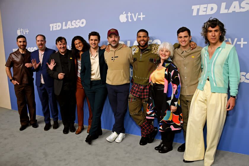 LOS ANGELES, CALIFORNIA - MAY 01: (L-R) Brett Goldstein, Brendan Hunt, Jeremy Swift, Cristo Fernández, Phil Dunster, Jason Sudeikis, Kola Bokinni, Annette Badland, Billy Harris and James Lance attend "Ted Lasso" Day at The Think Apple TV+ FYC Space at Goya Studios on May 01, 2023 in Los Angeles, California. (Photo by Jon Kopaloff/Getty Images)