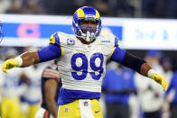 FILE- In this Sunday, Sept. 12, 2021, file photo, Los Angeles Rams defensive end Aaron Donald reacts during the second half of an NFL football game against the Chicago Bears in Inglewood, Calif. Donald's first game in his 30s looked like most of his dominant performances from his 20s with the Rams. (AP Photo/Jae C. Hong, File)