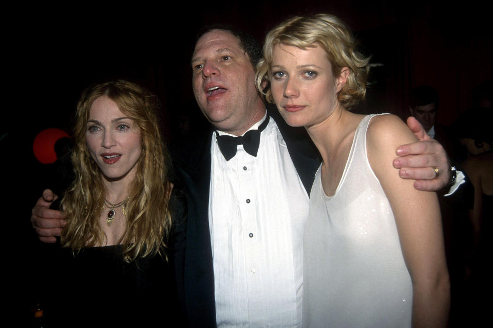 BEVERLY HILLS, CA - JANUARY 18: (L-R) Madonna, Harvey Weinstein and Gwyneth Paltrow attend Annual Golden Globe Awards After Party Hosted by Miramax Films at the Beverly Hilton Hotel on January 18, 1998 in Beverly Hills, CA. (Photo by Patrick McMullan/Patrick McMullan via Getty Images)