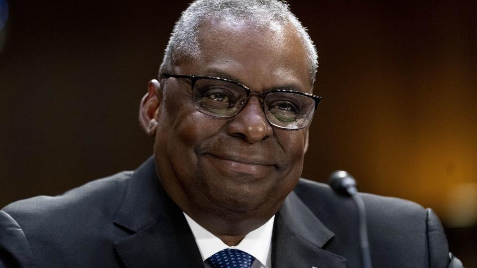 Secretary of Defense Lloyd Austin smiles as he appears before a Senate Appropriations hearing on the President's proposed budget request for fiscal year 2024, on Capitol Hill in Washington, Tuesday, May 16, 2023. (Andrew Harnik/AP)
