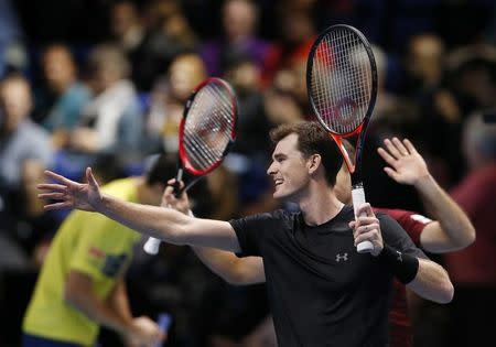 Britain Tennis - Barclays ATP World Tour Finals - O2 Arena, London - 17/11/16 Great Britain's Jamie Murray and Brazil's Bruno Soares celebrate winning their doubles match against Croatia's Ivan Dodig and Brazil's Marcelo Melo Action Images via Reuters / Paul Childs Livepic