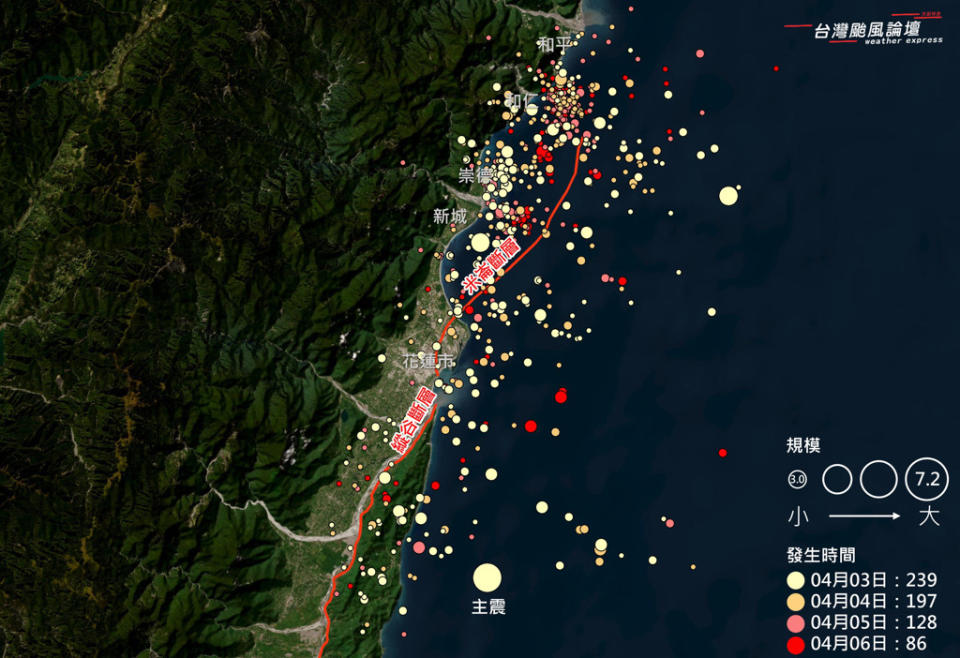 4月3日至6日的地震分布圖顯示，地震主要分布在主震以北區域。(翻攝自台灣颱風論壇｜天氣特急)