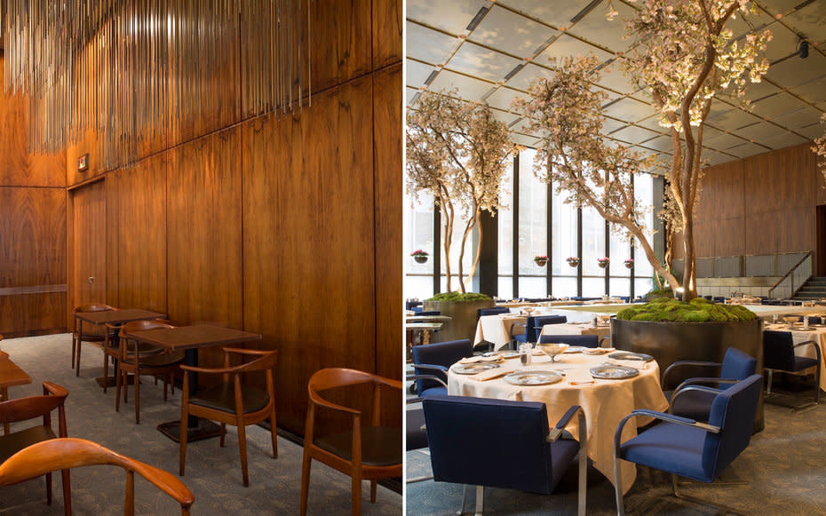 At left: Wegner's chairs on the upper level of the Grill Room. At right: Mies van der Rohe's chairs in the Pool Room.