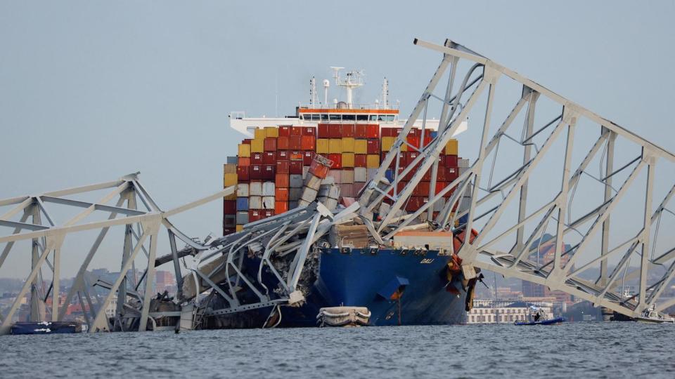 PHOTO: A view of the Dali cargo vessel which crashed into the Francis Scott Key Bridge causing it to collapse in Baltimore, March 26, 2024.  (Julia Nikhinson/Reuters)
