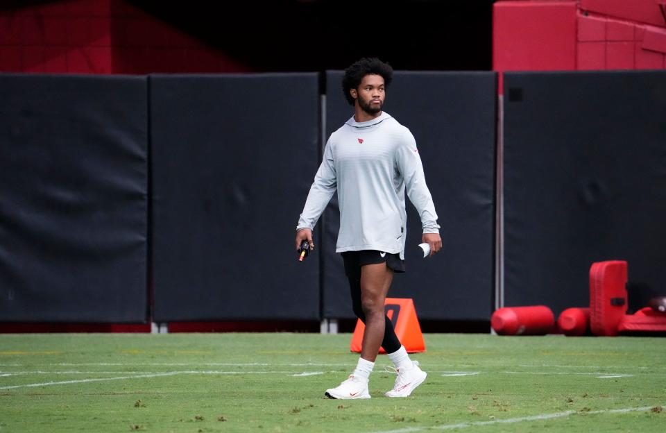 Arizona Cardinals quarterback Kyler Murray (1) during training camp at State Farm Stadium in Glendale on July 27, 2023.