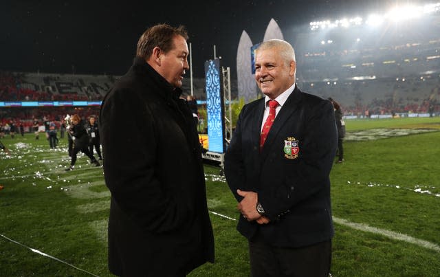 Lions coach Warren Gatland (right) chats with New Zealand counterpart Steve Hansen after the third Test (David Davies/PA).