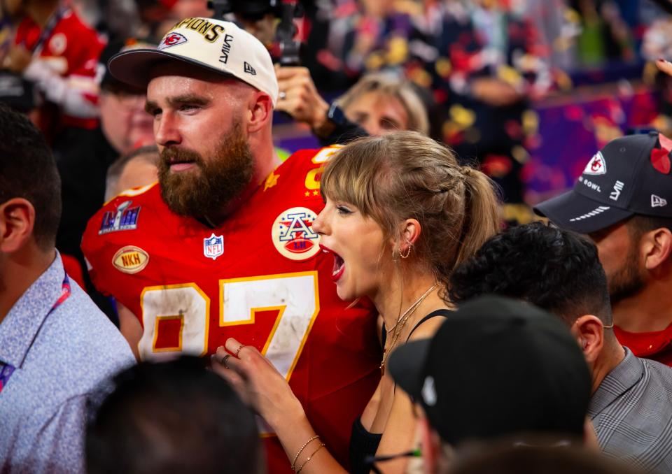 Travis Kelce celebrates with girlfriend Taylor Swift after the Kansas City Chiefs' Super Bowl victory over the San Francisco 49ers at Allegiant Stadium in February.