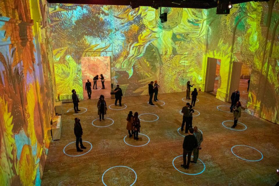 The Immersive Van Gogh exhibition showcases a curated selection of images, including his 1887 work Sunflowers.