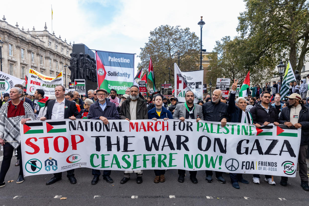 Pro-Palestinian protesters, including Jeremy Corbyn MP and Ismail Patel of Friends of al Aqsa, march through central London to call for an immediate ceasefire in Gaza on 28th October 2023 in London, United Kingdom. Mass Palestinian solidarity rallies have been held throughout the UK for a third consecutive weekend to call for an end to the Israeli bombardment of Gaza. (photo by Mark Kerrison/In Pictures via Getty Images)