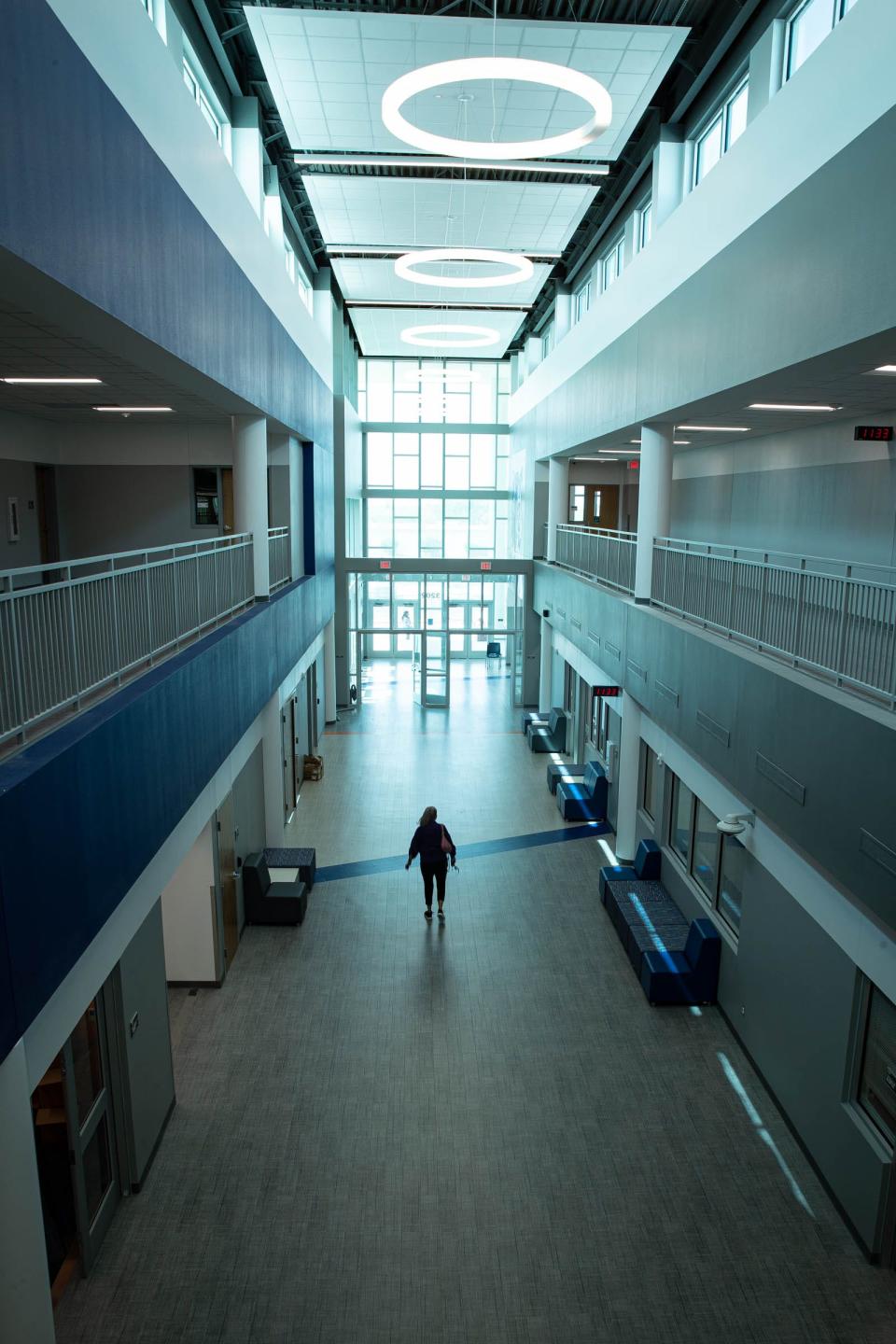 A hallway leading to the front office at Mary Carroll High School's new campus on Friday, Aug. 5, 2022.