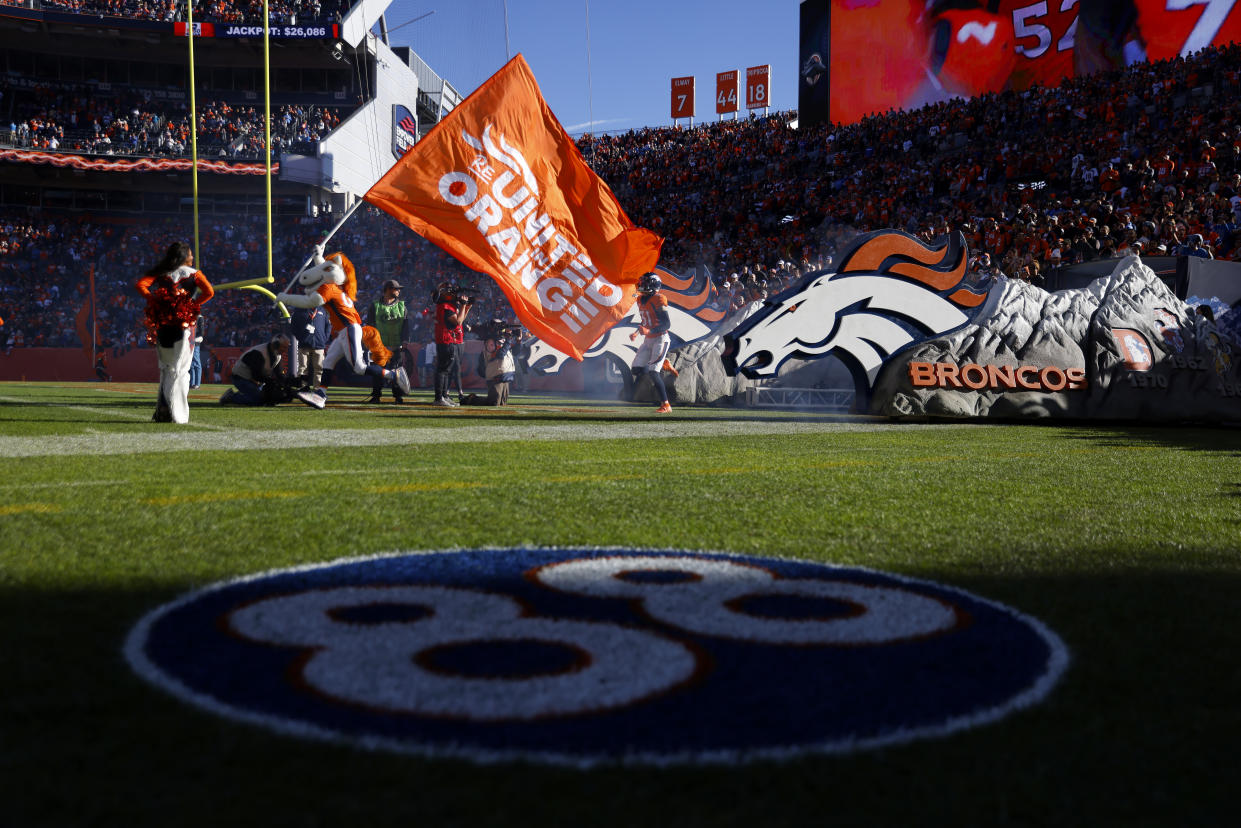 DENVER, COLORADO - DECEMBER 12: A #88 logo is seen on the field in memory of the late former Denver Broncos player Demaryius Thomas as players take the field before the game between the Detroit Lions and the Denver Broncos on December 9 at Empower Field At Mile High on December 12, 2021 in Denver, Colorado. (Photo by Justin Edmonds/Getty Images)