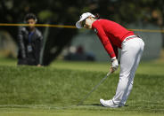 Minjee Lee, of Australia, reacts after chipping the ball close to the pin on the fifth green of the Lake Merced Golf Club during the first round of the LPGA Mediheal Championship golf tournament Thursday, May 2, 2019, in Daly City, Calif. (AP Photo/Eric Risberg)