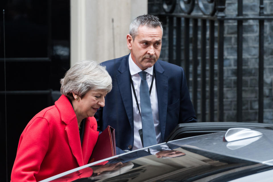 British Prime Minister Theresa May was barely clinging to power Thursday after two top officials resigned in the wake of her proposed Brexit deal. (Photo: Barcroft Media via Getty Images)