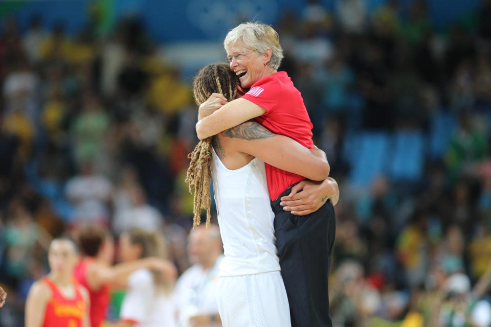 Carol Callan celebrates with Brittney Griner after the team won gold at the Rio Olympics in 2016. (Tim Clayton/Corbis via Getty Images)