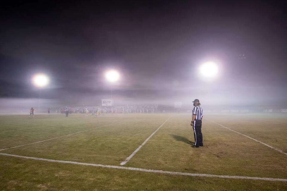 Fog covers the field during the Delmar, Caesar Rodney football game in Delmar in 2020.