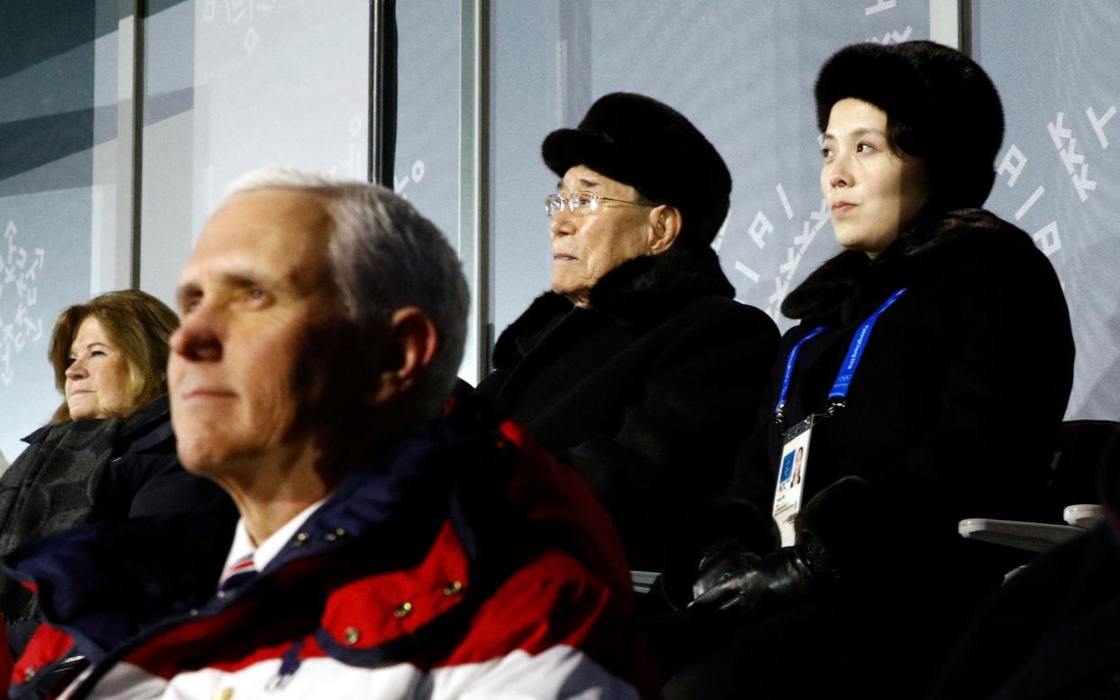 Kim Yo Jong,  sister of Kim Jong Un, sits alongside North Korea's nominal head of state Kim Yong Nam, and behind U.S. Vice President Mike Pence at the Winter Olympics - Pool AP