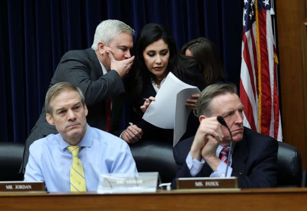 PHOTO: Rep. James Comer, Chairman of the House Oversight and Reform Committee, talks to Rep. Anna Paulina Luna as Rep. Jim Jordan and Rep. Paul Gosar sit in front during a meeting of the House Oversight and Reform Committee, Jan. 31, 2023. (Kevin Dietsch/Getty Images)